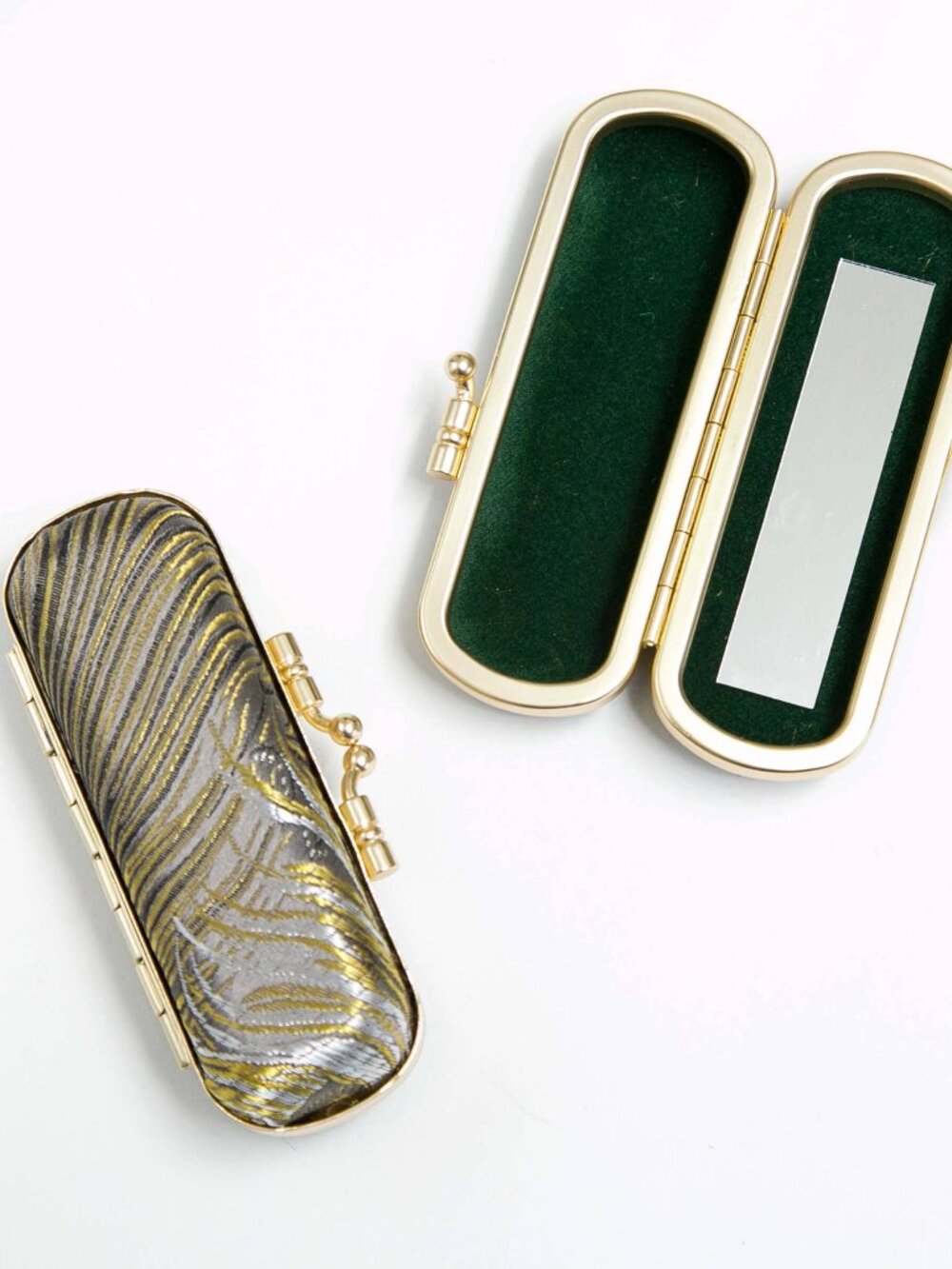Peacock Brocade Lipstick Holder with Mirror | Gray & Gold